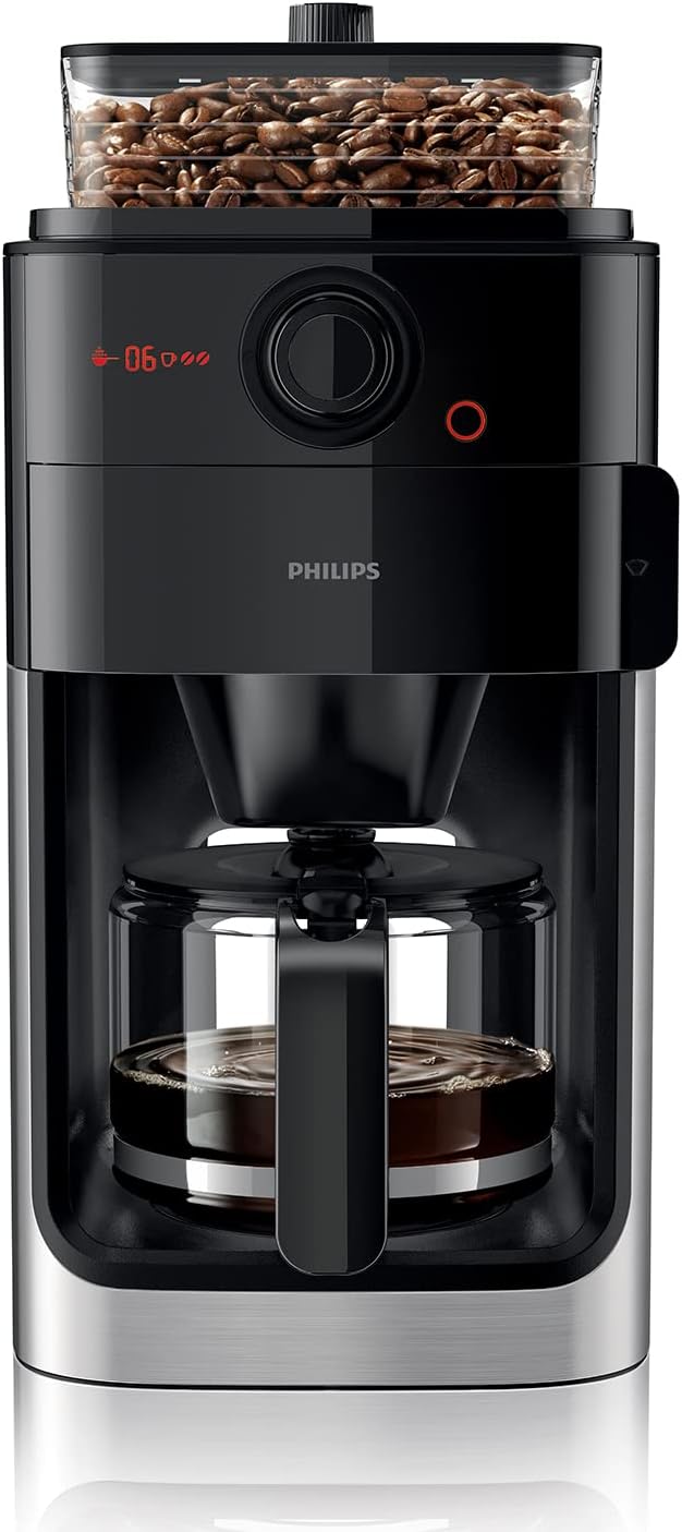 Philips Macchina da Caffè Americano con Macinacaffè - Caraffa in Vetro da 1.2 L, 12 Tazze, Nero/Metallo (HD7767/00)