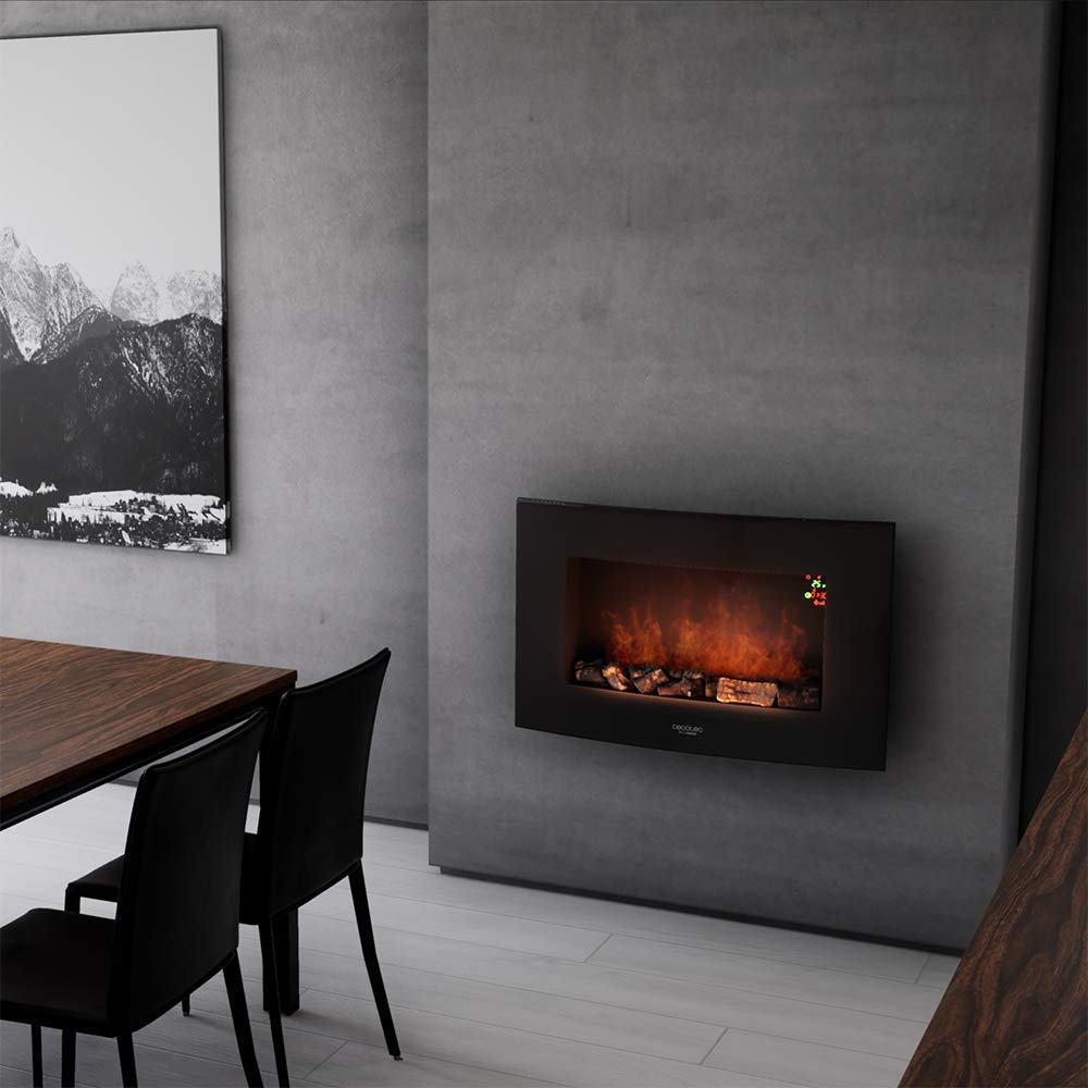 Cecotec Cheminée électrique Ready Warm 2200 Curved Flames. 2000W, 22", 2 niveaux de puissance, 20m2, Télécommande, Panneau curve en verre templé (35", Nero | Telecomando)