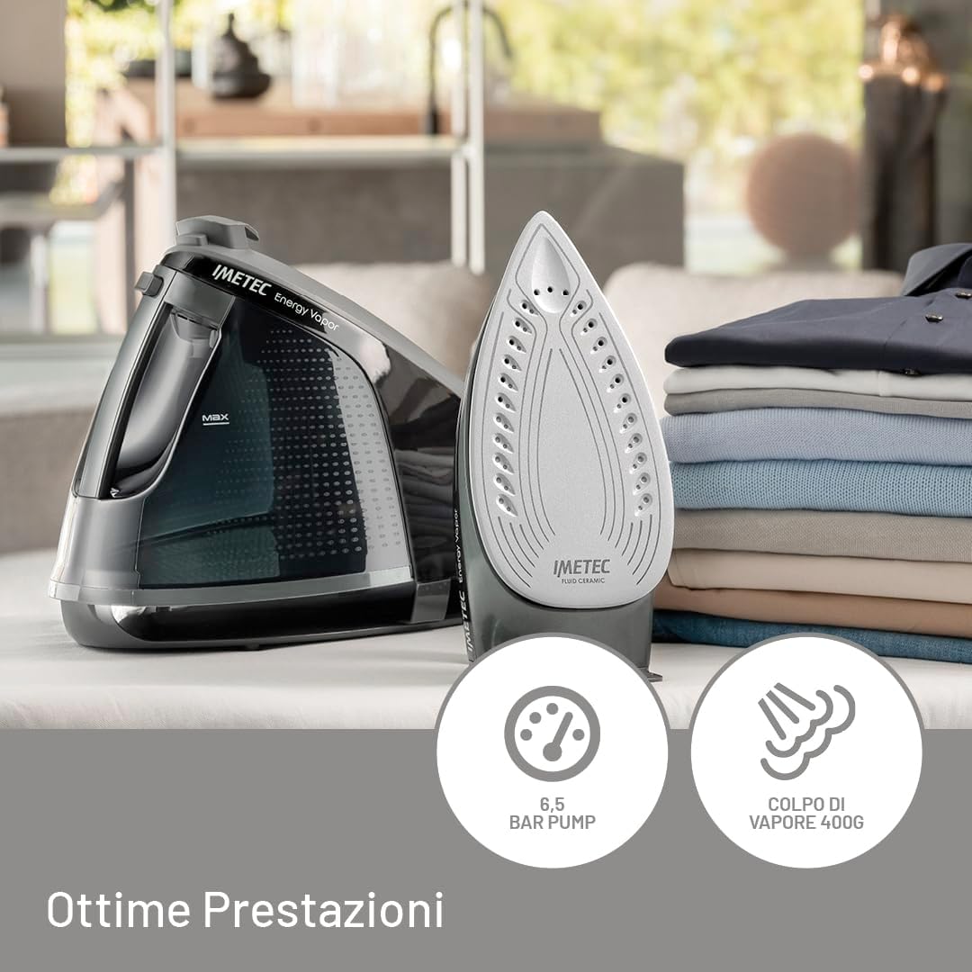 Imetec Energy Vapor, Ferro da Stiro con Generatore di Vapore, 6.5 BAR Pump, Colpo Vapore 400 g, 2400 W, Piastra Fluid Ceramic, Bloccaferro, Autospegnimento, Dispositivo di Pulizia, Tecnologia ECO