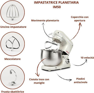 Girmi IM50 Impastatrice Planetaria, 2200W Max, 8 Litri, 6 Velocità, Pulse, Contenitore inox con maniglia, Dispositivo di sicurezza, Accessori inclusi, Panna