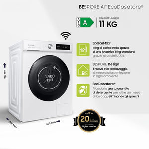 Samsung Lavatrice BESPOKE AI con Ecodosatore WW11BB744DGWS3 Libera installazione, 11 Kg, 1400 RPM, Classe A, Wifi, Vapore, Carica Frontale, 60l x 85h x 60p cm, Bianca con Oblò Nero