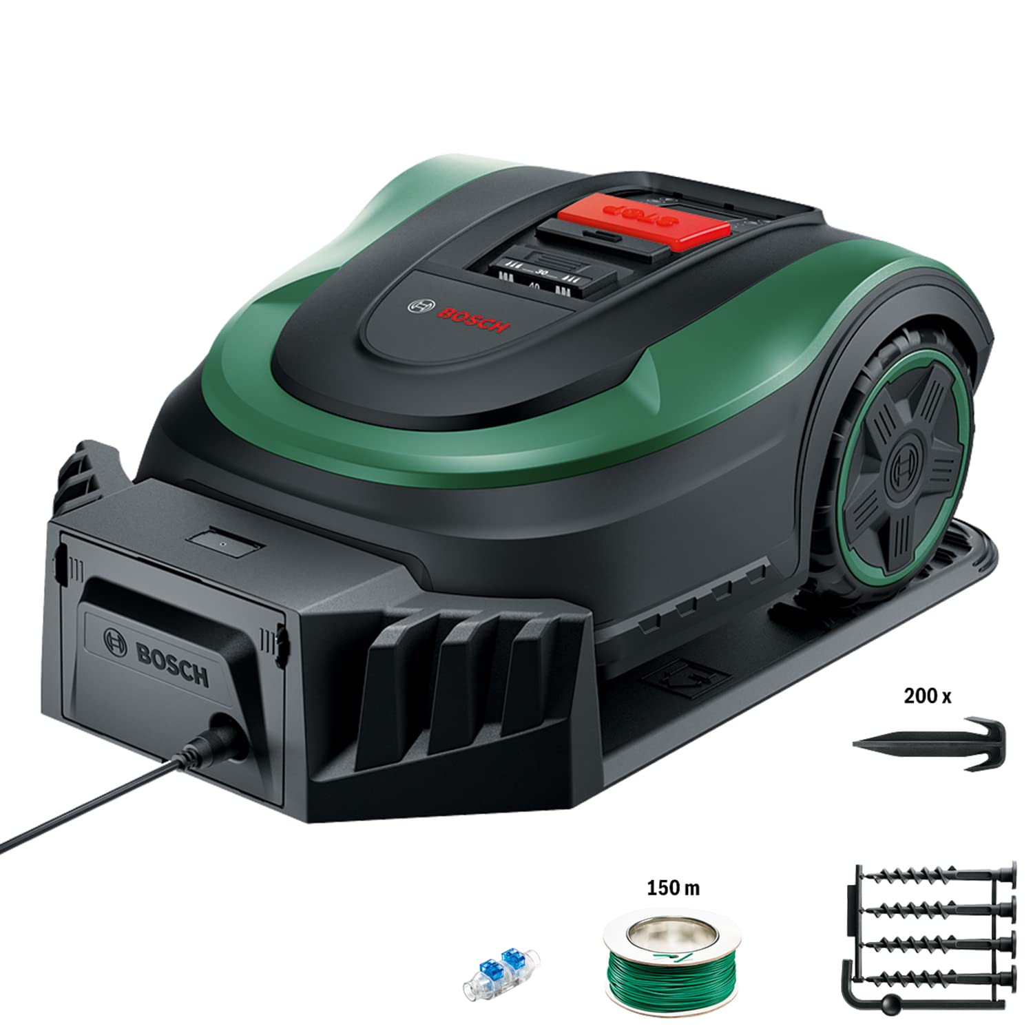 Bosch Home and Garden Indego S+ 500 robot lawnmower (with 18V battery and app function, charging station included, cutting width 19 cm, for lawns up to 500 m², in box), black, green