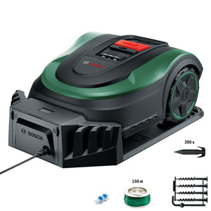Bosch Home and Garden Indego S+ 500 robot lawnmower (with 18V battery and app function, charging station included, cutting width 19 cm, for lawns up to 500 m², in box), black, green