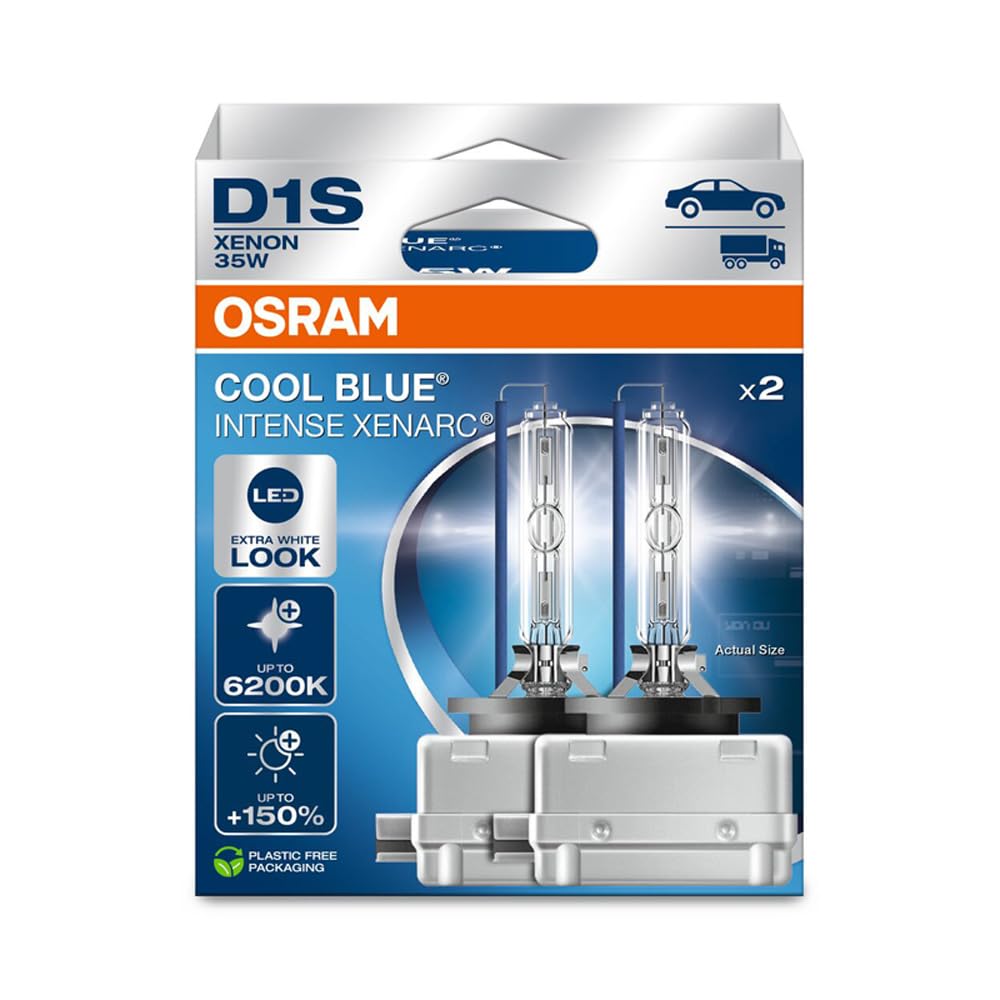 OSRAM XENARC COOL BLUE INTENSE D1S, +150% more brightness, up to 6,200K, xenon headlight lamp, LED look, Hanging folding box (2 lamps)