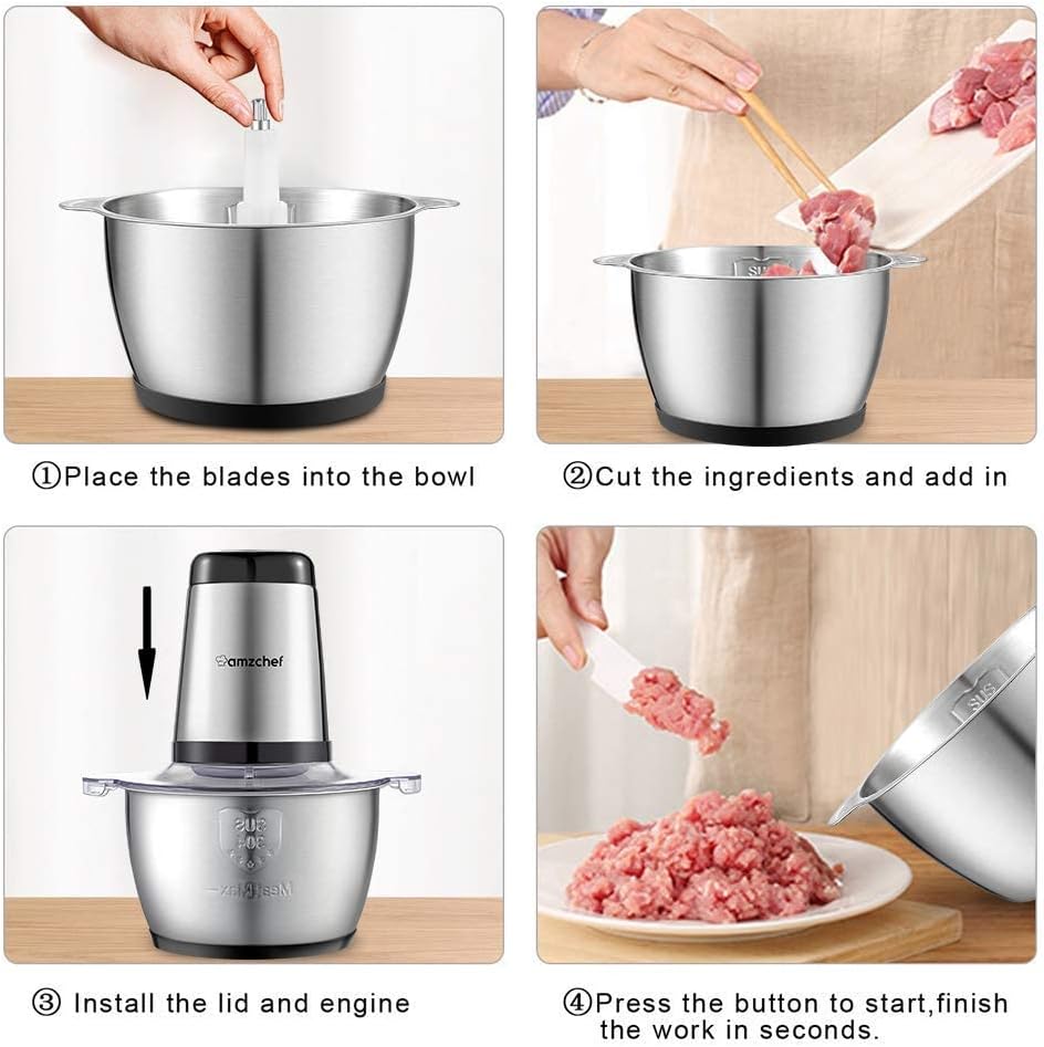 AMZCHEF Tritatutto da Cucina Elettrico, 500W, Mini Tritatutto con Ciotola in Acciaio Inox da 1.5L, 4 Lame Affilate, Multifunzione Tritatutto per Frutta Verdura Carne Spezie