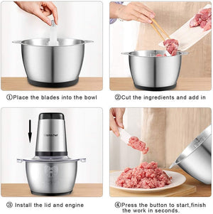 AMZCHEF Tritatutto da Cucina Elettrico, 500W, Mini Tritatutto con Ciotola in Acciaio Inox da 1.5L, 4 Lame Affilate, Multifunzione Tritatutto per Frutta Verdura Carne Spezie