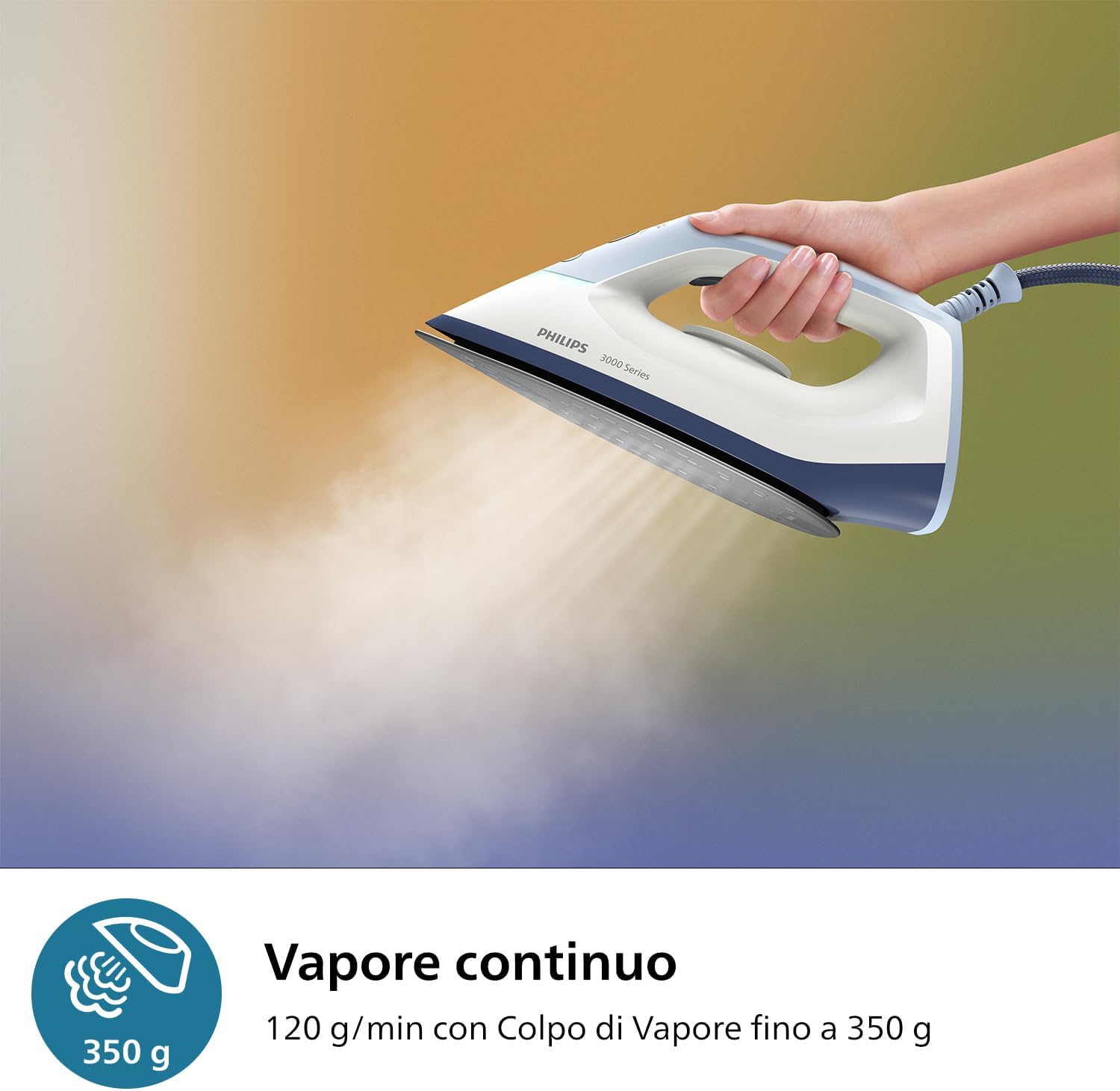 Philips Ferro da stiro con Generatore di Vapore Serie 3000, 2400W, 120g/min di Vapore Continuo, Colpo Vapore da 350g, 6 Bar, Vapore Verticale, Piastra in Ceramica, Azzurro Intenso (PSG3000/20)