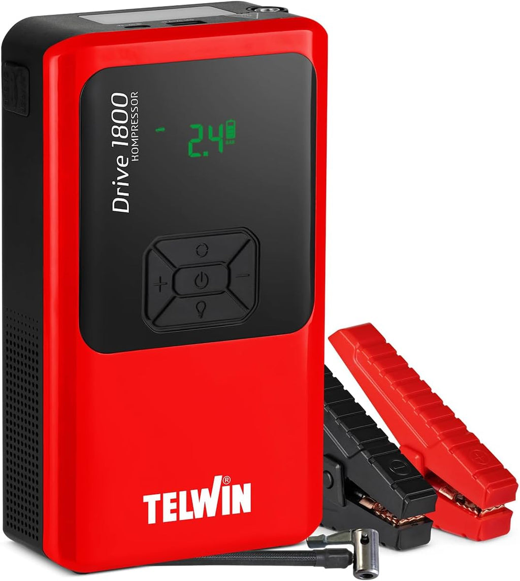 Telwin Drive 1800 Kompressor Avviatore Booster Multifunzione 12V Portatile e Ultracompatto per Auto Moto Barche con Compressore Integrato, Powerbank e Luce Led, 1800A start max
