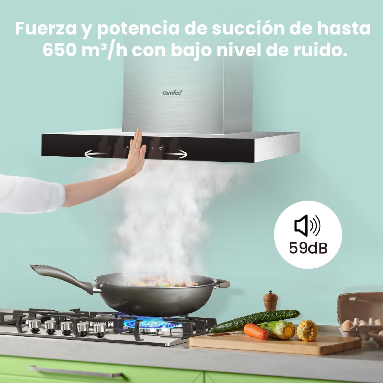 COMFEE' Cappa Aspirante 60 cm Classe A+++ TSHM77SS-60 650m³/h Acciaio Inossidabile Cappa Cucina con LED, Sistema di Ricircolo e Canalizzazione e Ciltri a Carbone