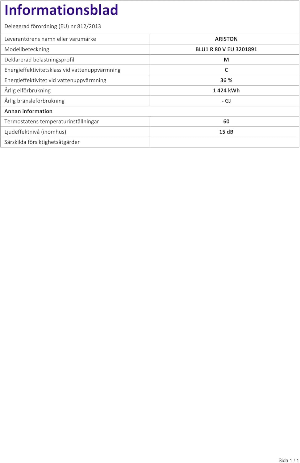 Ariston Scaldabagno Elettrico Blu1 R 80 Litri, 1,5K EU