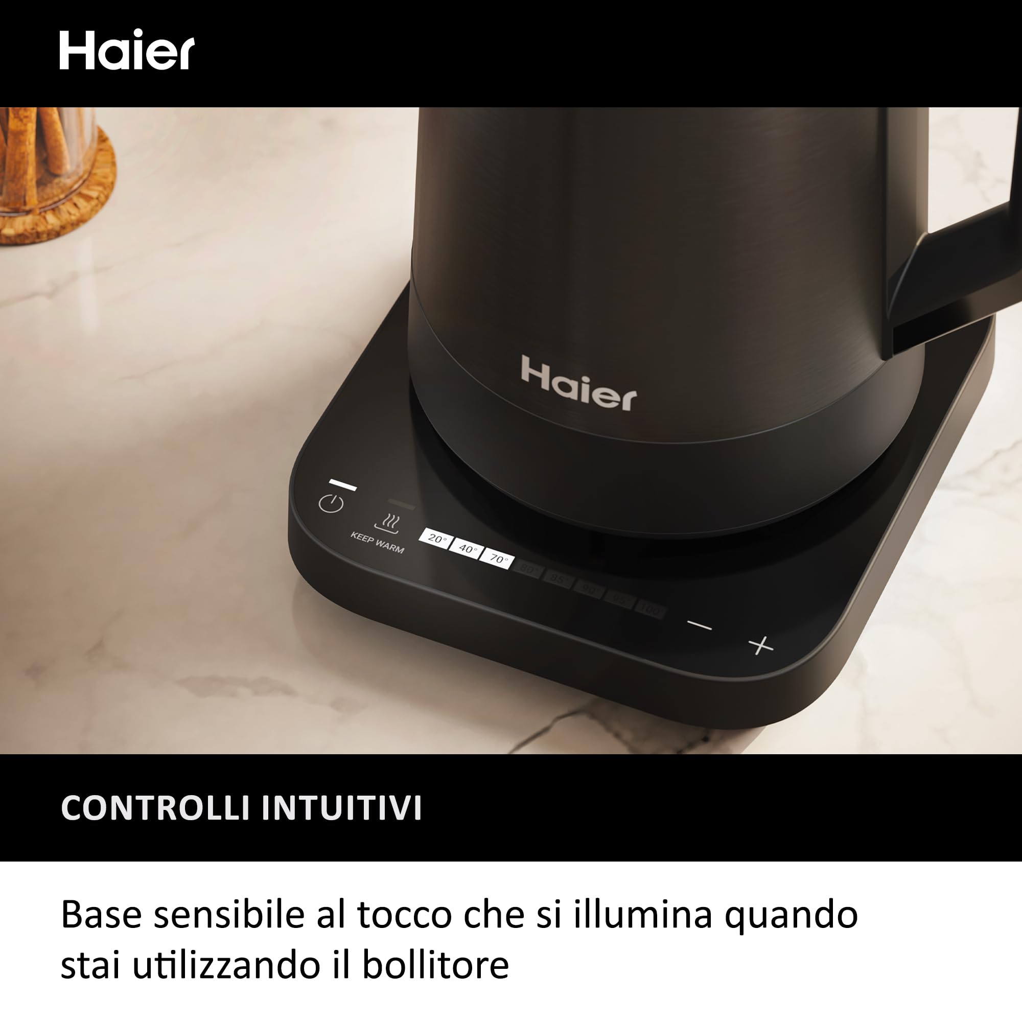Haier Bollitore I-Master Serie 5, Acciaio inox, Capacità 1,7 L, 7 livelli di temperatura 40-100, Funzione Keep Warm, Bollitura per tazza singola, 2000 W [Nero]