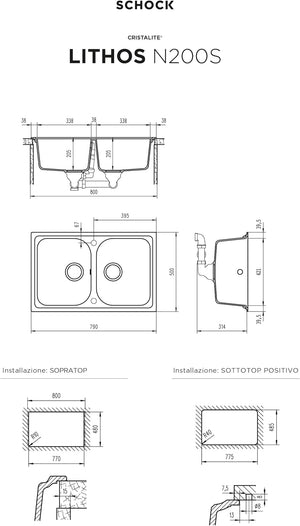 SCHOCK | Lavello Cucina Lithos N200S 2 Vasche Small, Materiale Cristalite®, Grigio Tortora, 790x500mm