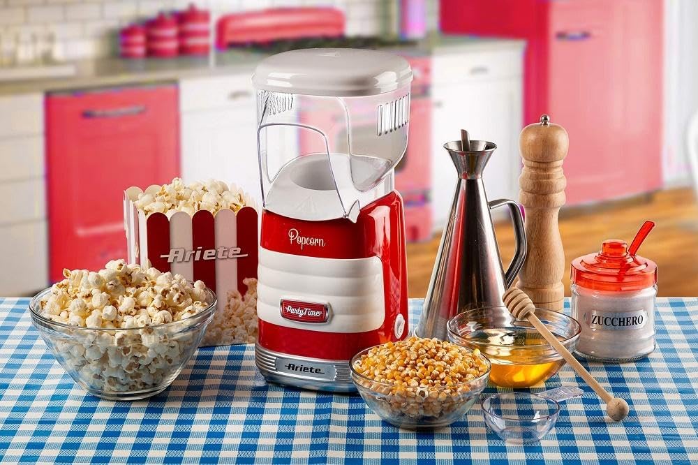 Ariete 2956, Pop Corn Party Time, Macchina per Pop Corn, Scoppia 60gr di Mais per Pop Corn in 2 minuti con Aria Calda, Senza Grassi, 1000 Watt, Rosso