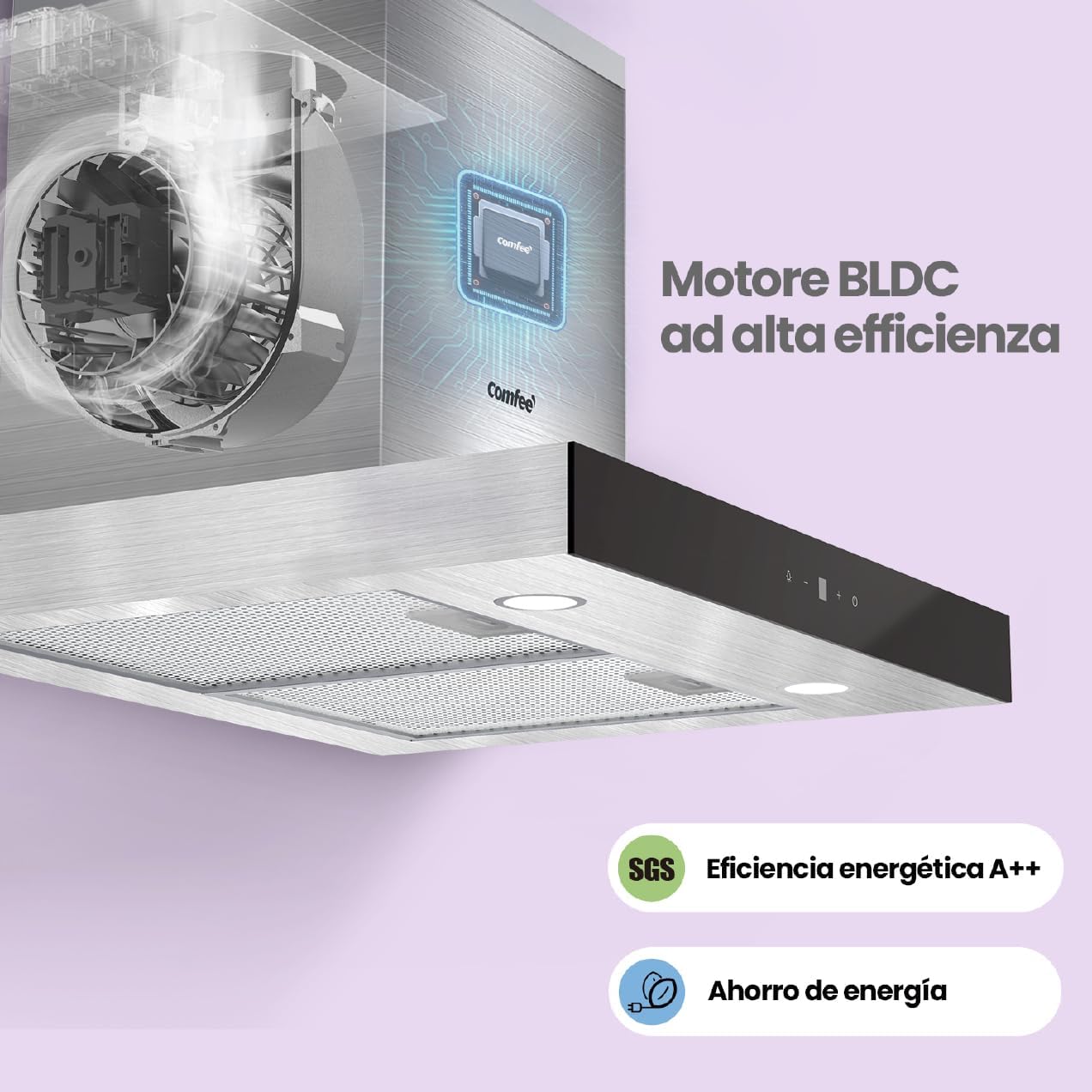 COMFEE' Cappa Aspirante 60 cm Classe A+++ TSHM77SS-60 650m³/h Acciaio Inossidabile Cappa Cucina con LED, Sistema di Ricircolo e Canalizzazione e Ciltri a Carbone
