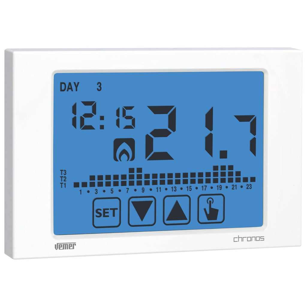 VEMER VE451100 CHRONOS BATTERIA - Cronotermostato Digitale da Parete, Display Touch Screen, Programmazione Settimanale, Alimentazione Batteria, Bianco