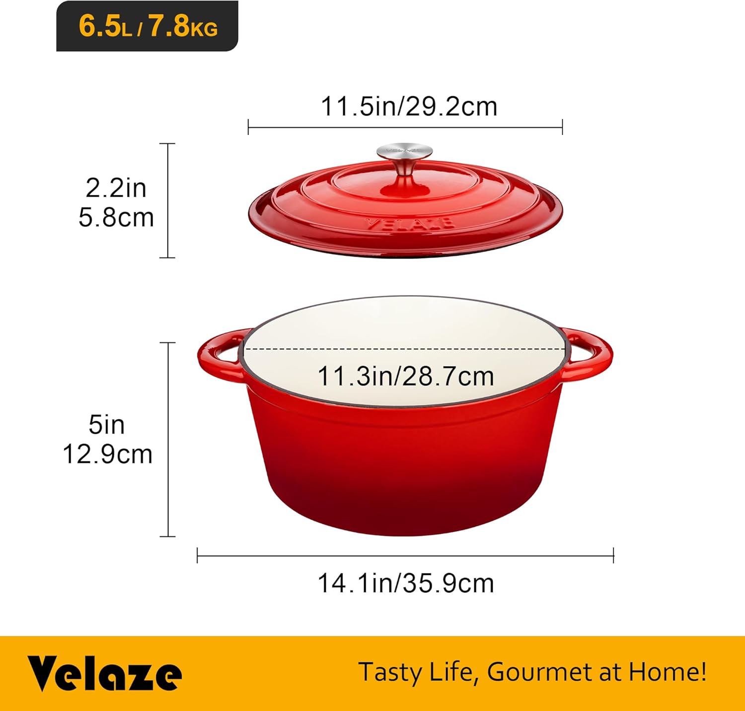 Velaze Casseruola in Ghisa, Pentola a Induzione per Stufati, Cocotte Casseruola con Coperchio in Rivestimento Smaltato, Forno Olandese, Rosso, Rotondo - 29 cm, 6,5 L