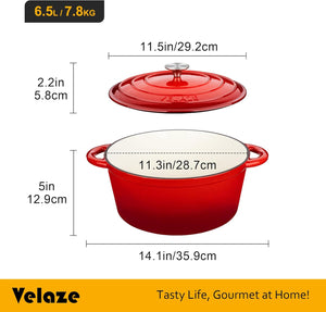 Velaze Casseruola in Ghisa, Pentola a Induzione per Stufati, Cocotte Casseruola con Coperchio in Rivestimento Smaltato, Forno Olandese, Rosso, Rotondo - 29 cm, 6,5 L