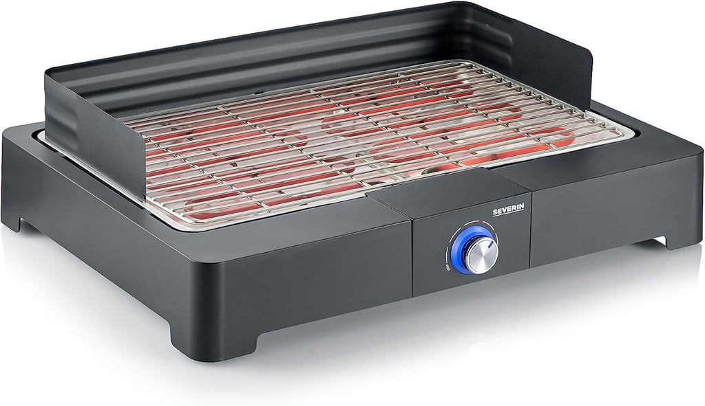 SEVERIN PG 8565 Barbecue elettrico 2200 W in acciaio inox regolabile fino a 250°, Grill elettrico per interni ed esterni con LED, Griglia da tavolo o balcone, fumo e odori ridotti, Nero