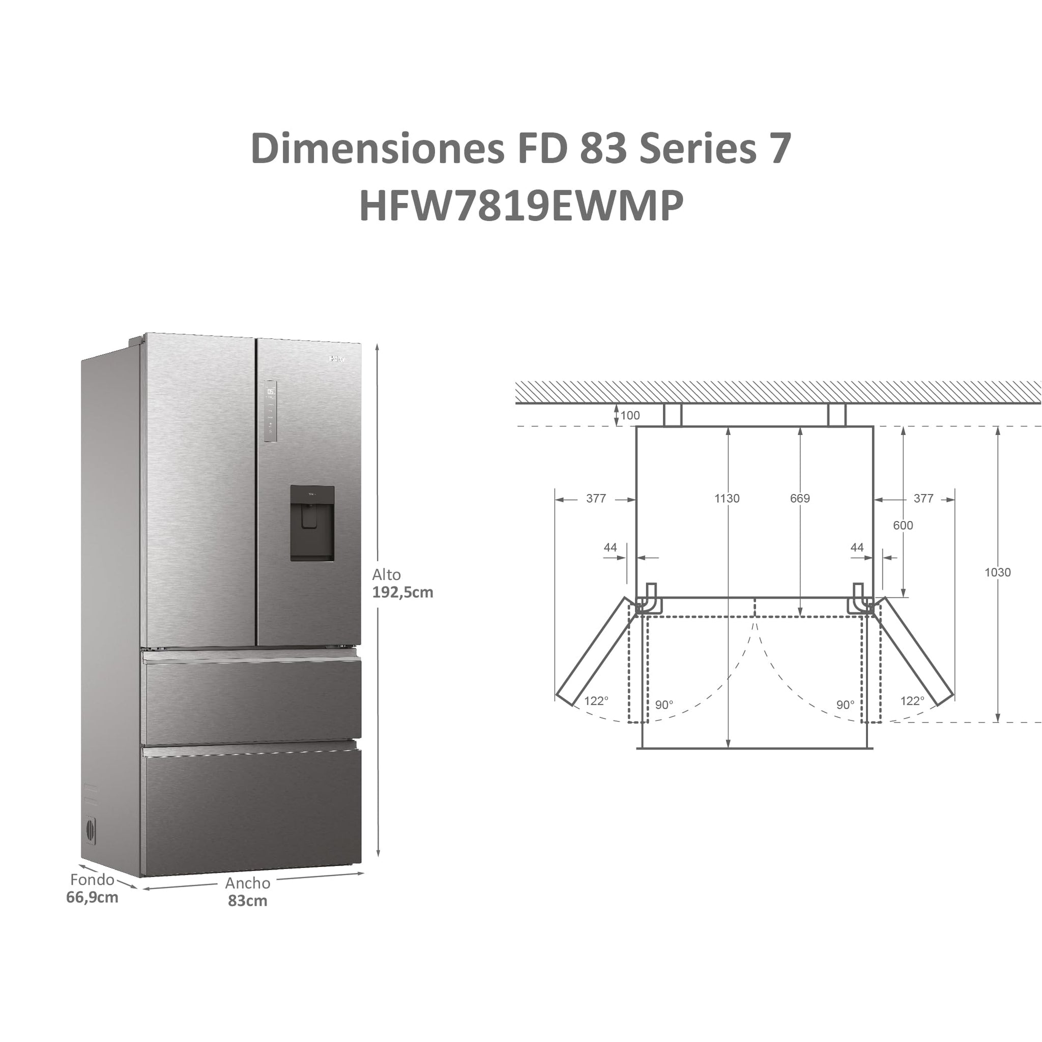 HAIER FD 83 Series 7 HFW7819EWMP - Frigorifero porta francese, cassetti Direct Access, WIFI, Motor Inverter, My Zone Plus, Humidity Zone, Total No Frost, larghezza 83 cm, capacità XXL 539 L, luce LED,