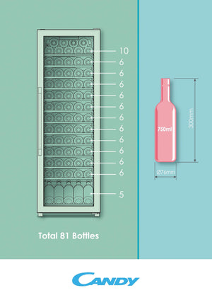 Candy DiVino, CWC 200 EELW/NF, Cantina Vino, 81 bottiglie, 39 dB, APP hOn, Tecnologia Vivino, Monozona, Nero, AxLxP 146x49x55 cm [Classe di efficienza energetica G]