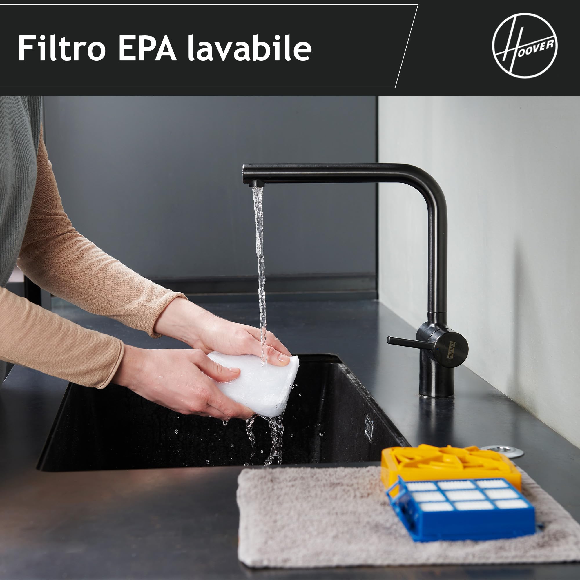Hoover HP1 potente aspirapolvere senza sacchetto per pavimenti duri e tappeti, filtro antipolvere EPA, grande contenitore 2L, accessori integrati, raggio di lavoro 7,5 m