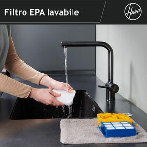 Hoover HP1 potente aspirapolvere senza sacchetto per pavimenti duri e tappeti, filtro antipolvere EPA, grande contenitore 2L, accessori integrati, raggio di lavoro 7,5 m