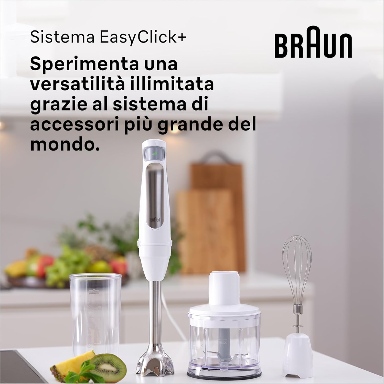 Braun MultiQuick7 MQ7035I, 5 ANNI DI ASSISTENZA, Potenza 1000W, Frullatore a immersione, Tecnologia Splash Control, Frusta a Filo in Acciaio, Tritatutto da 500ml, Bicchiere senza BPA 600ml, Bianco