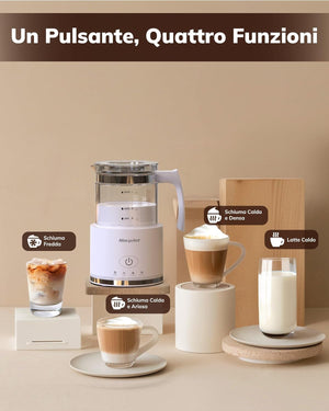 Montalatte Elettrico, Morpilot Milk Frother in Vetro, Spegnimento Automatico, 4 in 1 Funzione, Capacità 250ml Cappuccino o 500 ml Latte Caldo, Design Diviso, Bianco