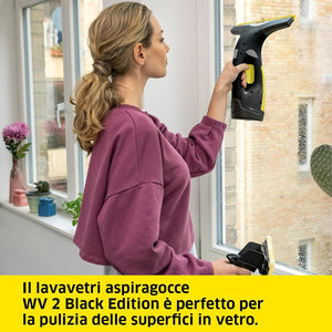 Lavavetri Aspiragocce Kärcher WV 2 Black Edition per la Pulizia di Vetri, Piastrelle, Cabine Doccia, Piani a Induzione, Serbatoio 100ml, Resa con una carica 75mq, Ampiezza Bocchetta 28cm