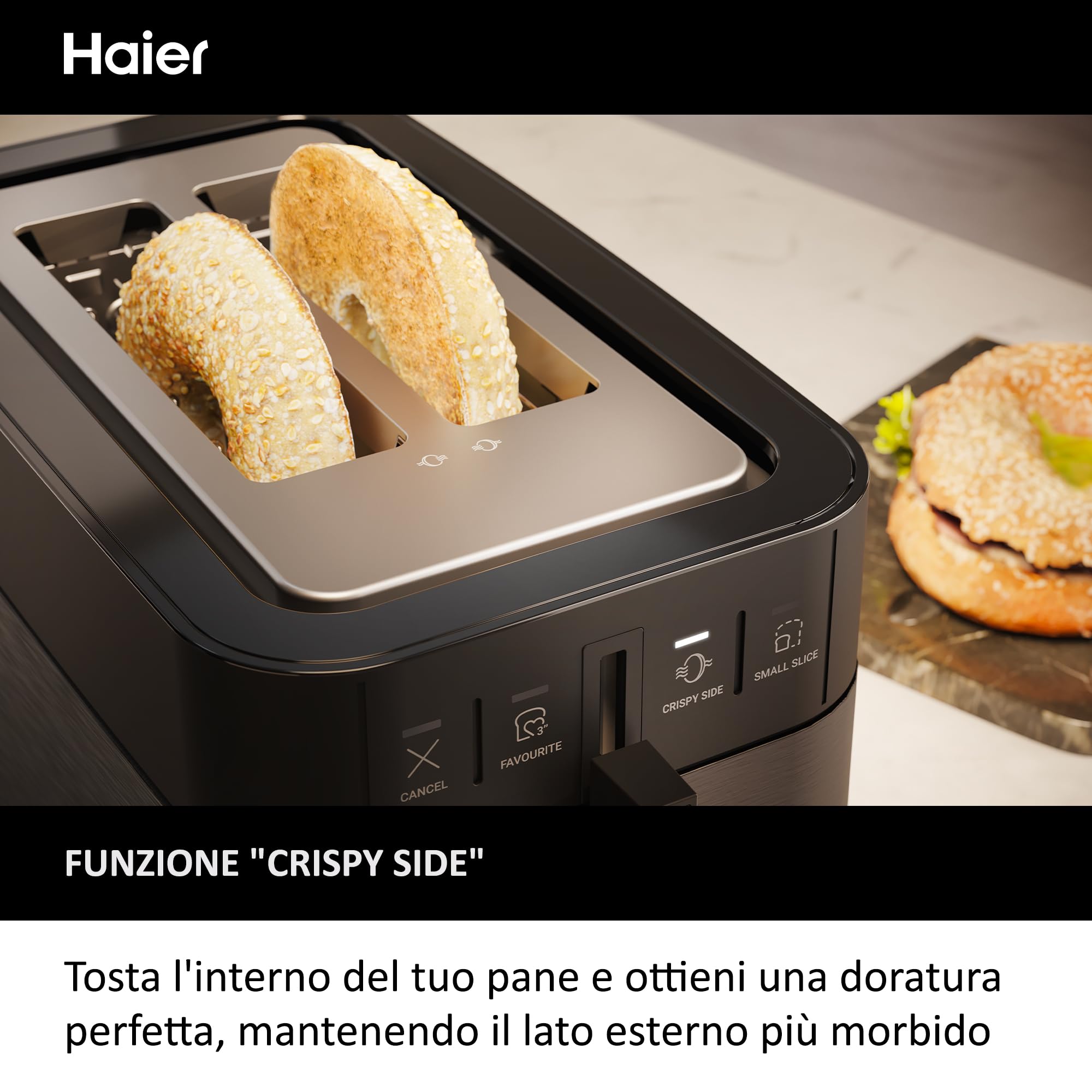 Tostapane I-Master Serie 5 Haier, Acciaio Inossidabile, 2 Fessure Profonde, Leva High Lift, Programmi Dedicati, 1150 W [Nero]