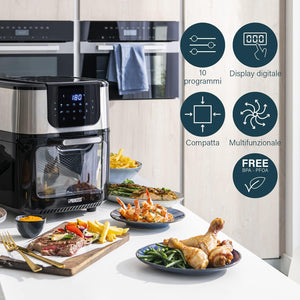 Princess Friggitrice ad Aria Forno Deluxe – 11 L – 1800 W – Schermo tattile digitale – 10 programmi preimpostati – Girapollo e cestello inclusi – Acciaio inossidabile – 182075