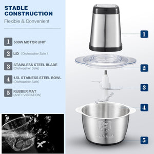 AMZCHEF Tritatutto da Cucina Elettrico, 500W, Mini Tritatutto con Ciotola in Acciaio Inox da 1.5L, 4 Lame Affilate, Multifunzione Tritatutto per Frutta Verdura Carne Spezie