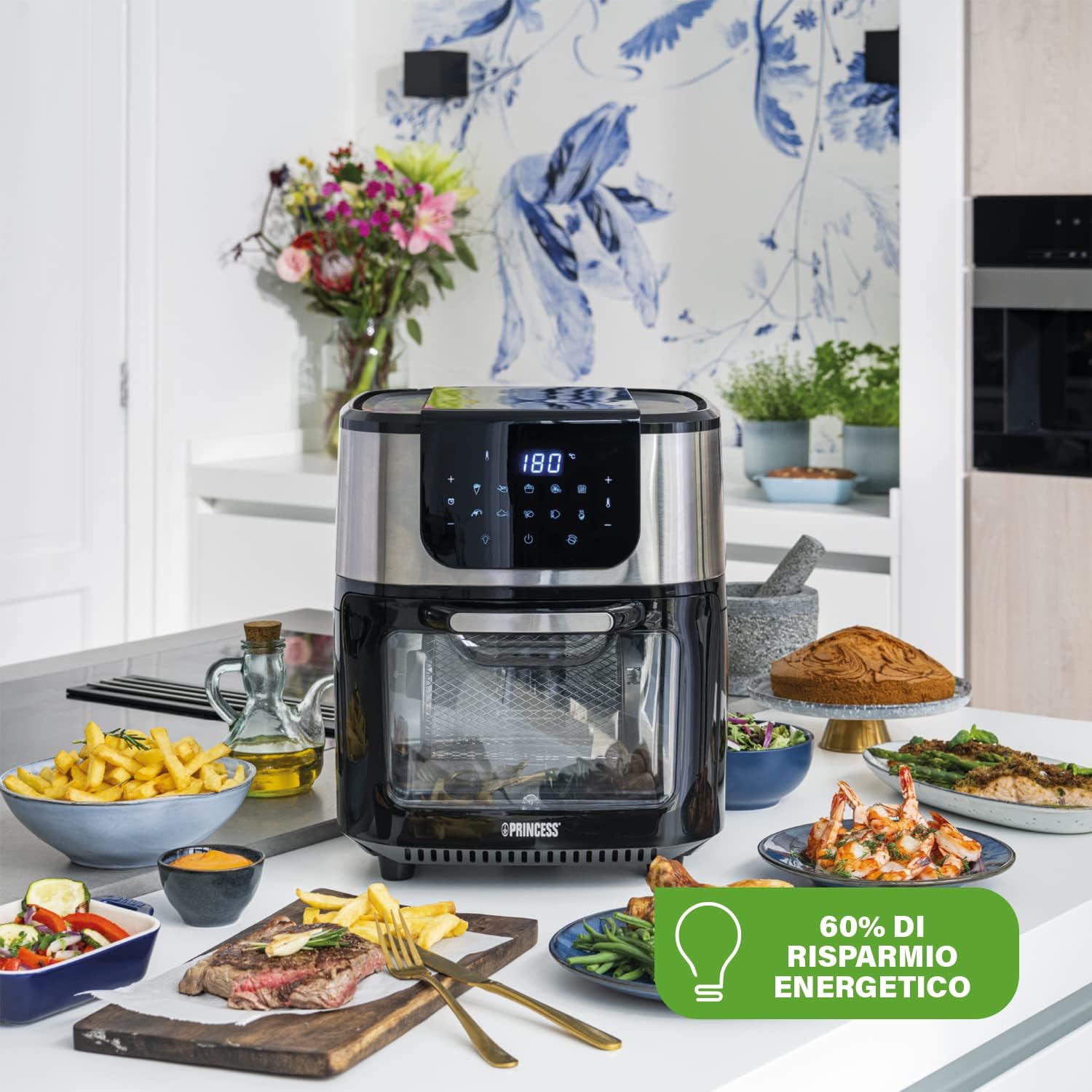 Princess Friggitrice ad Aria Forno Deluxe – 11 L – 1800 W – Schermo tattile digitale – 10 programmi preimpostati – Girapollo e cestello inclusi – Acciaio inossidabile – 182075