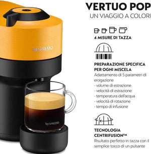 De'Longhi Nespresso Vertuo Pop ENV90.Y, Macchina Caffè a Capsule con Tecnologia Centrifusion, 4 Formati in Tazza, Incluso Set di Benvenuto con 12 Capsule, 1260W, Mango Yellow