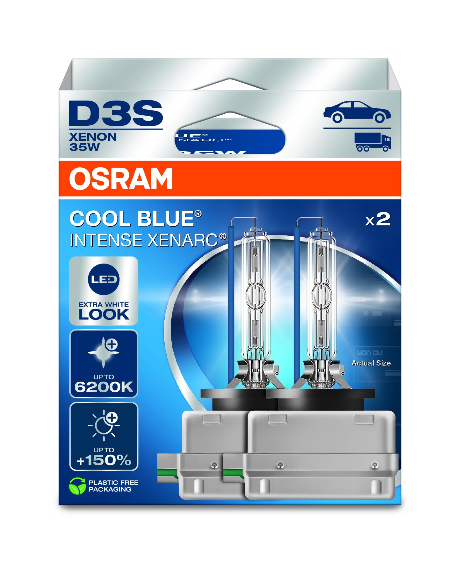 OSRAM XENARC COOL BLUE INTENSE D1S, +150% more brightness, up to 6,200K, xenon headlight lamp, LED look, Hanging folding box (2 lamps)