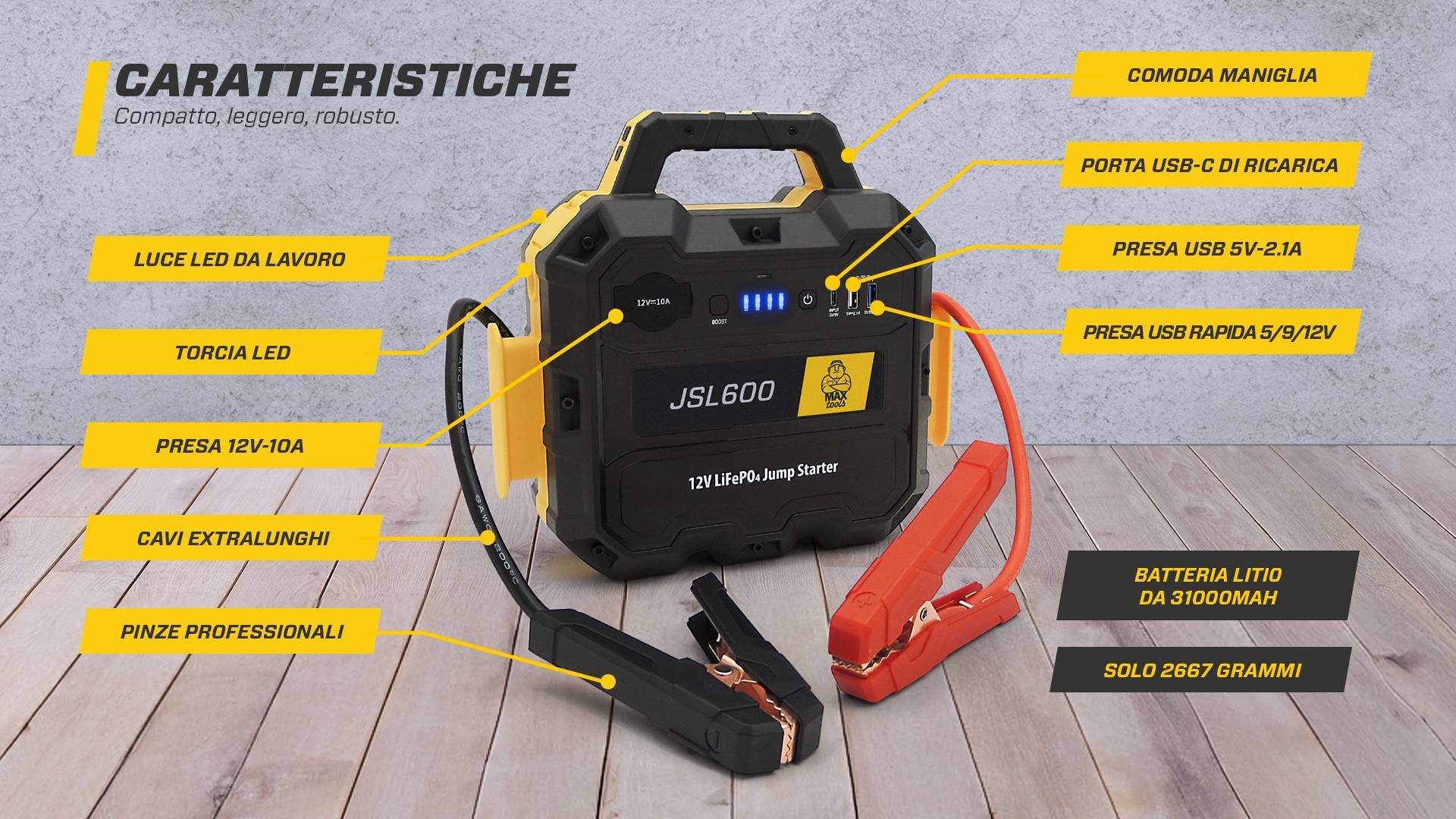 MAXTOOLS JSL400 Avviamento d’Emergenza Professionale per Automobile 2400 A per Veicoli Diesel e a Benzina di Grandi Dimensioni, Potente e Sicuro a 12 V, Batteria al Litio Esterna con USB