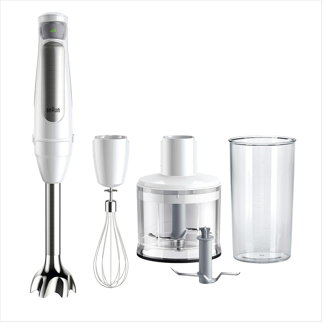 Braun MultiQuick7 MQ7035I, 5 ANNI DI ASSISTENZA, Potenza 1000W, Frullatore a immersione, Tecnologia Splash Control, Frusta a Filo in Acciaio, Tritatutto da 500ml, Bicchiere senza BPA 600ml, Bianco