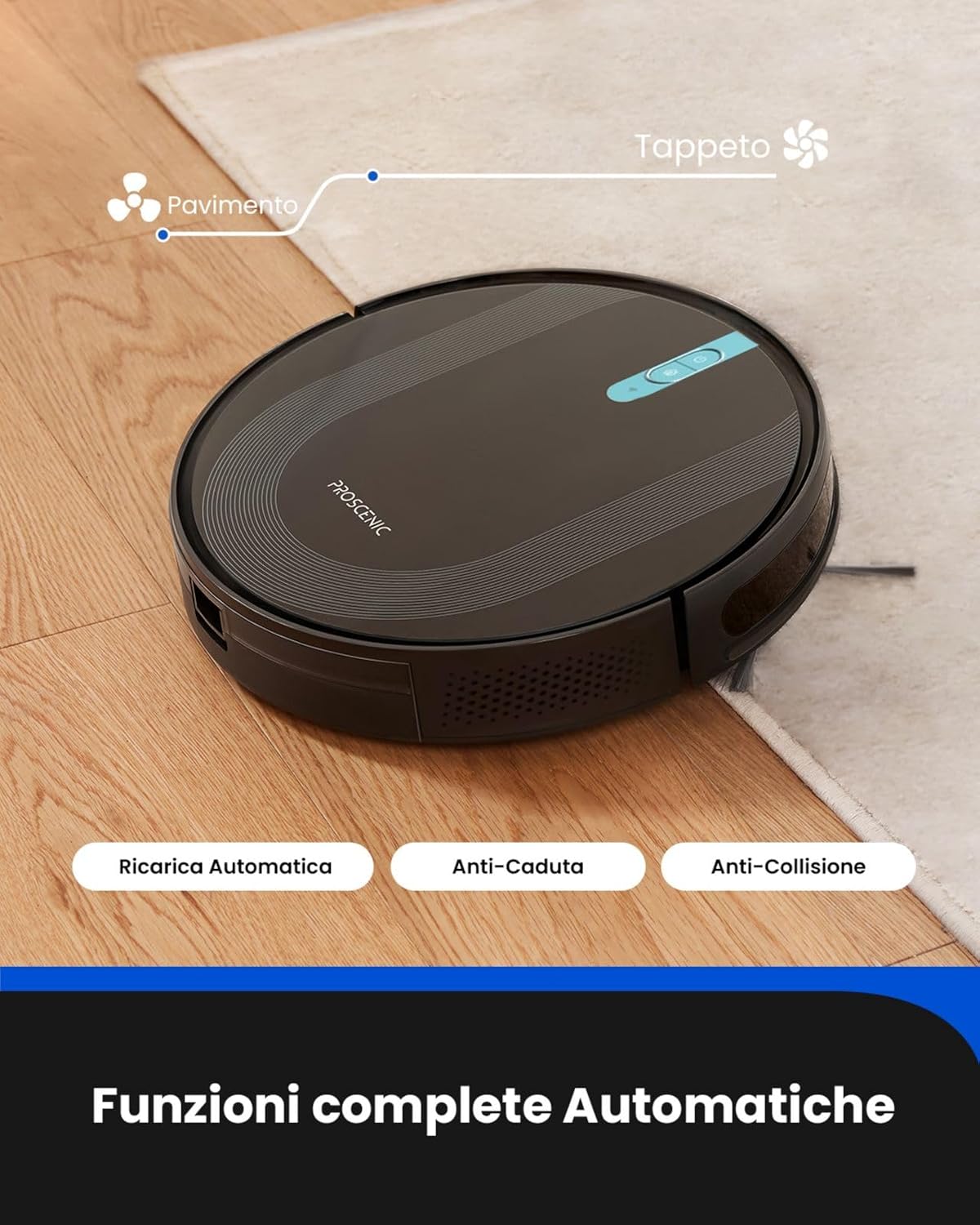 Proscenic 850T Robot Aspirapolvere Lavapavimenti, Aspirazione Potenza 3000Pa Controllo Siri & IFTTT & APP & Alexa, Serbatoio Acqua Elettrico 2-In-1 per Pulizia Domestica/Capelli/Polvere/Lavapavimenti