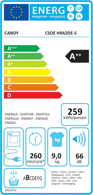 Candy Smart Pro Asciugatrice 9 Kg a Pompa di Calore, Libera Installazione, Classe A++, Connessione Wi-Fi + BLE, Controllo da App, Snap & Dry, 59,6 x 58,5 x 85 cm, Bianca - CSOE H9A2DE-S