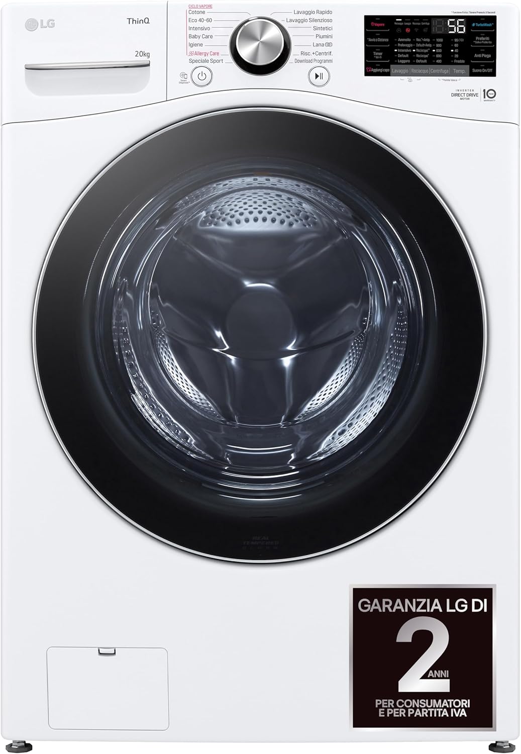 LG AI DD F0P3020TSWC Lavatrice 20kg, a Carica Frontale, Capacità XL Serie P3, Classe B, 1000 Giri, TurboWash 360, Vapore, Wi-Fi, Motore Inverter Direct Drive, Libera installazione, Bianco