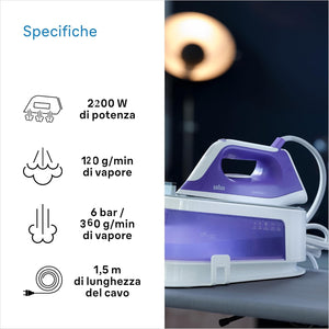 Braun Carestyle1 IS1014VI, Ferro Generatore Di Vapore Con 5 Anni Di Assistenza, Carica Continua, Termostato Regolabile, Tanica 1,5L, AUTOSPEGNIMENTO, Colpo vapore 360g/min, Sistema Sicurezza, Viola