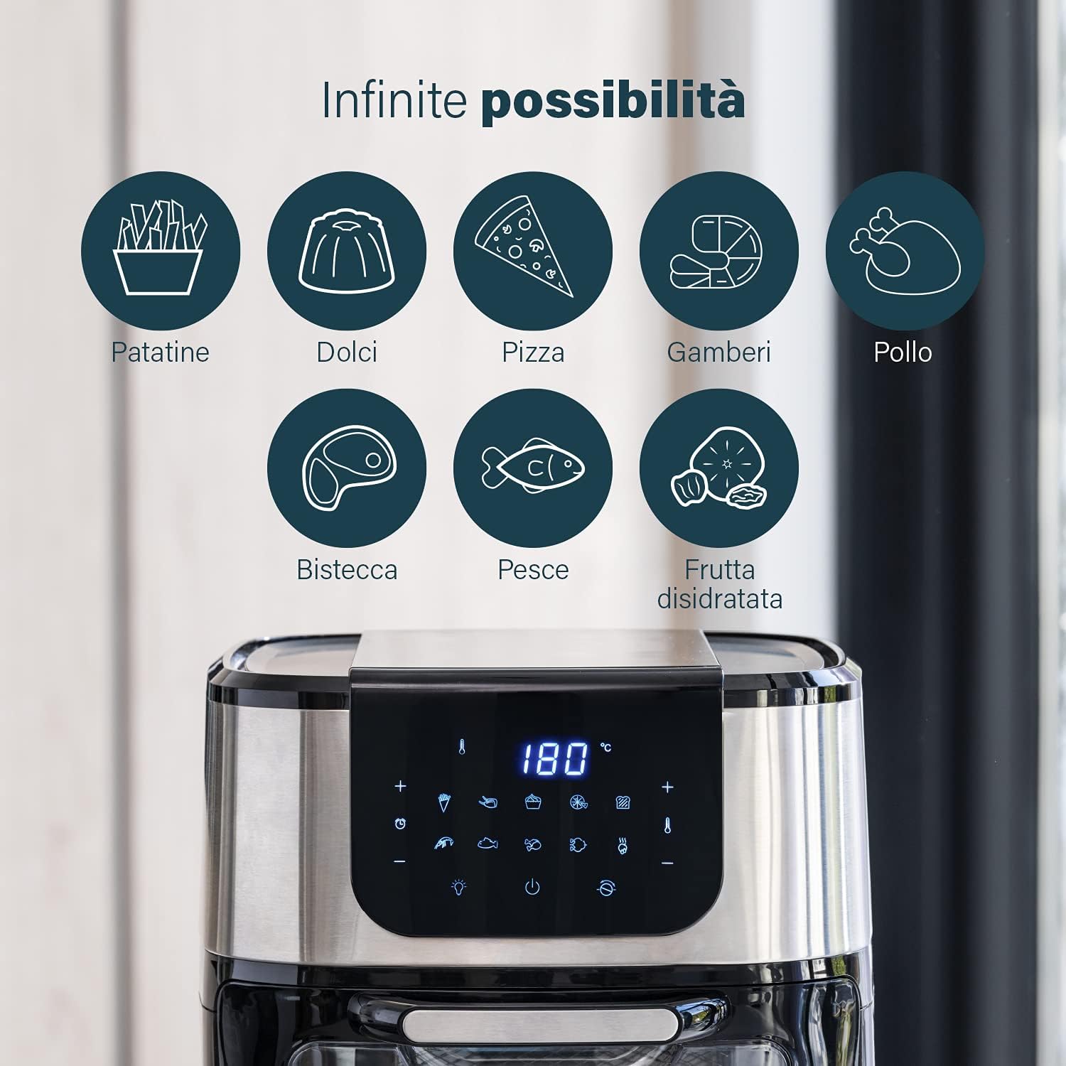 Princess Friggitrice ad Aria Forno Deluxe – 11 L – 1800 W – Schermo tattile digitale – 10 programmi preimpostati – Girapollo e cestello inclusi – Acciaio inossidabile – 182075