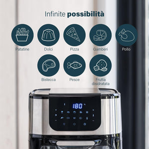 Princess Friggitrice ad Aria Forno Deluxe – 11 L – 1800 W – Schermo tattile digitale – 10 programmi preimpostati – Girapollo e cestello inclusi – Acciaio inossidabile – 182075