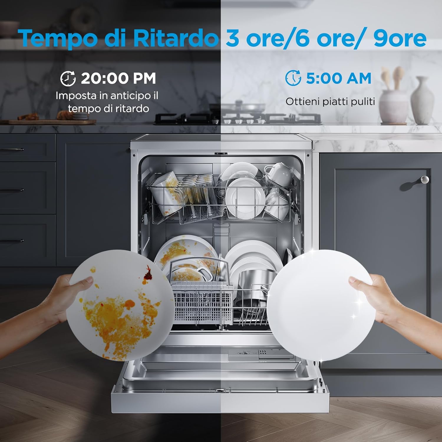 Midea MFD60S121X-IT Lavastoviglie Libera Installazione con 12 coperti, 6 Programmi, Partenza Ritardata, Funzione di Mezzo Carico, 60 cm - Inox