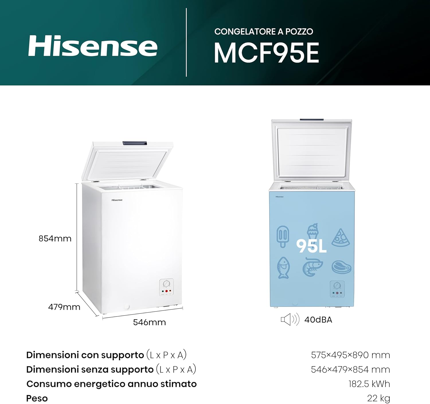 Hisense MCF95E Congelatore a Pozzo 95 L di capacità, Silenzioso 40 dB, Bianco, 54.6 x 47.9 x 85.4 cm
