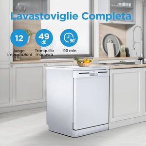 Midea MFD60S121W-IT Lavastoviglie Libera Installazione con 12 coperti, 6 Programmi, Partenza Ritardata, Funzione di Mezzo Carico, 60 cm - Bianco