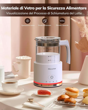 Montalatte Elettrico, Morpilot Milk Frother in Vetro, Spegnimento Automatico, 4 in 1 Funzione, Capacità 250ml Cappuccino o 500 ml Latte Caldo, Design Diviso, Bianco