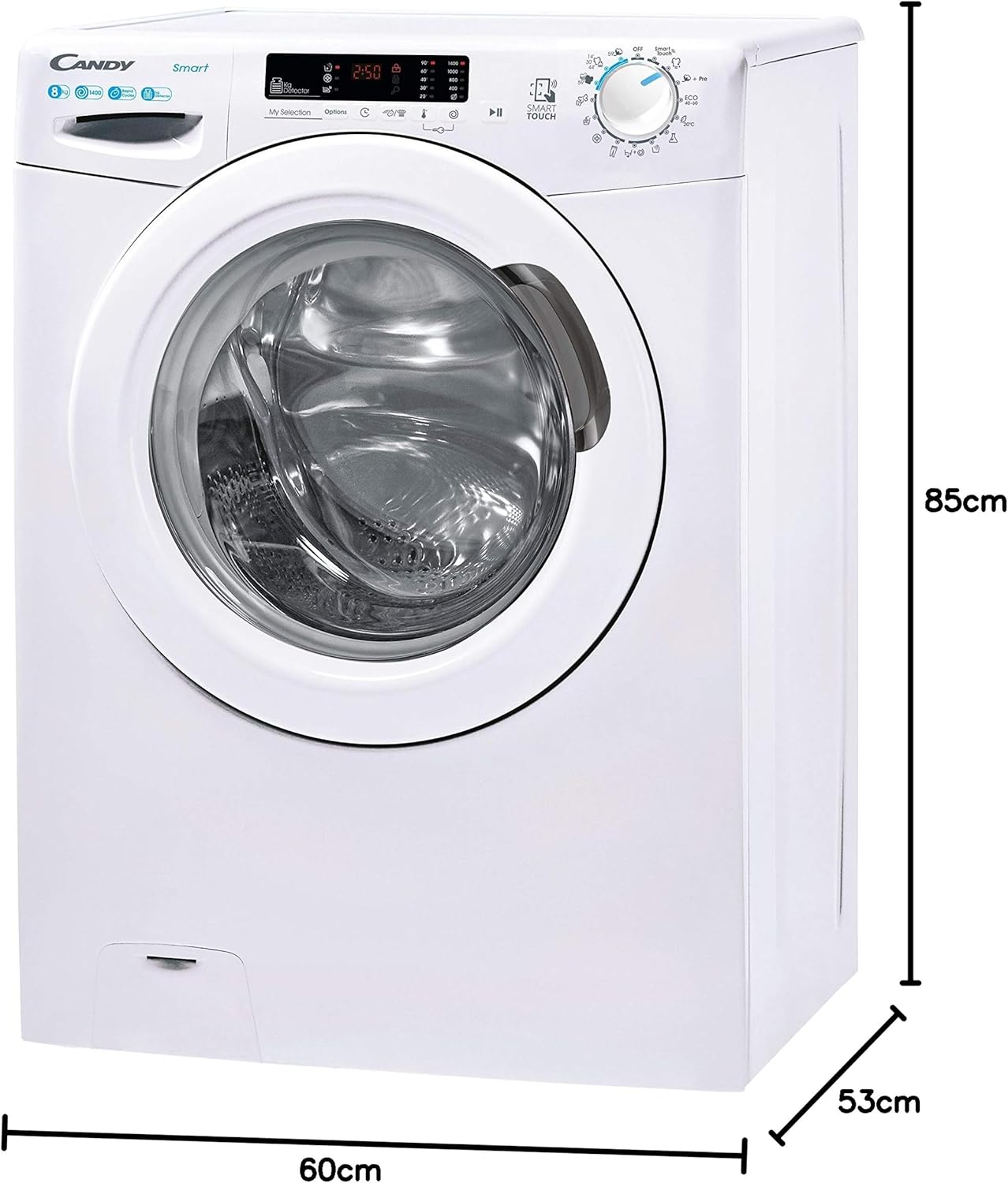 Candy Smart CS 1482DE/1-S, Lavatrice 8 KG, 1400 RPM, Tecnologia NFC, Assistente vocale, 15 cicli, 5 rapidi, ciclo igiene+, stiratura facile, avvio ritardato 24H, rilevatore KG, 79 DB, Classe D, Bianco