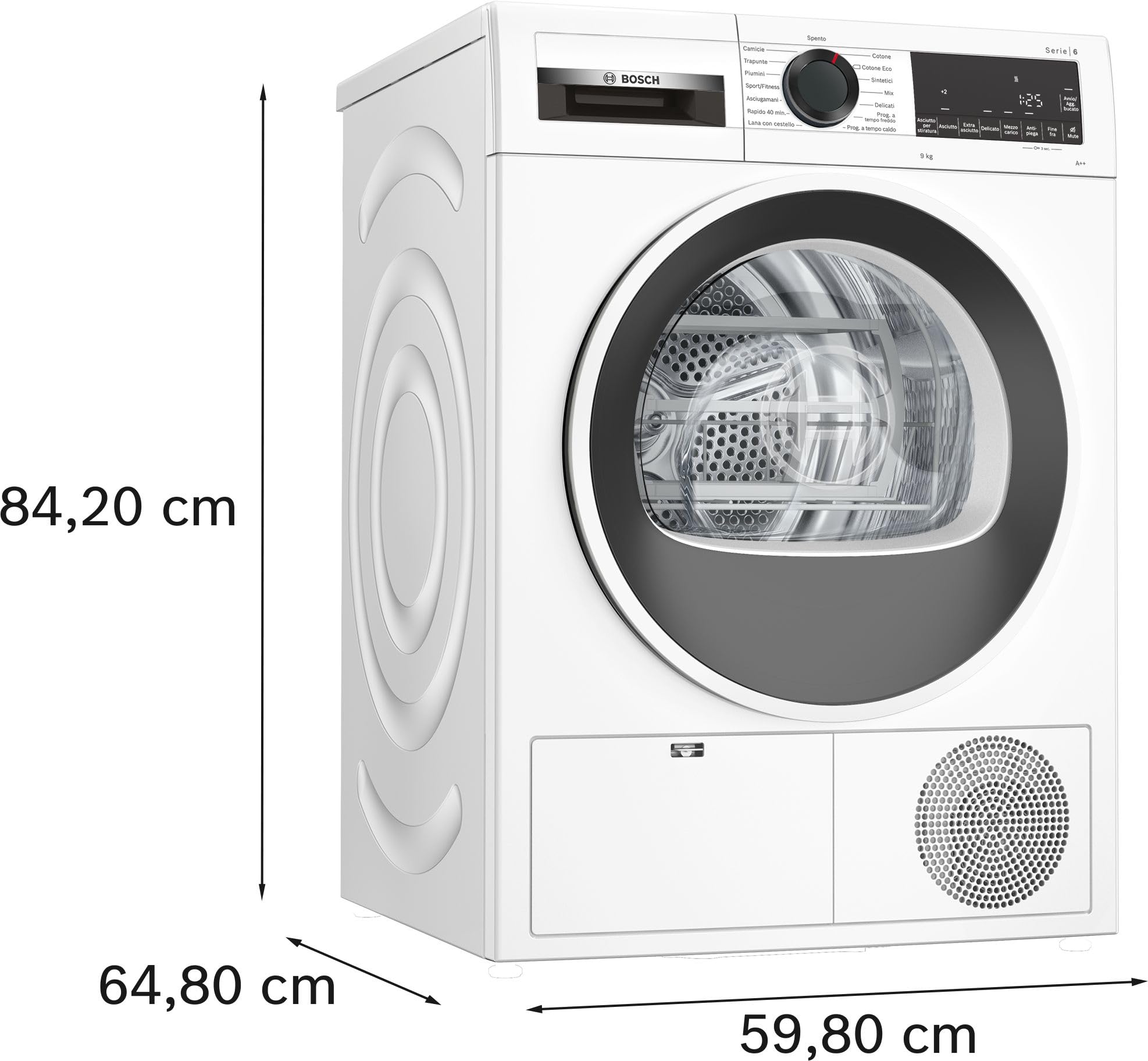Bosch WQG24108IT Serie 6, Asciugatrice a pompa di calore, capacità 9 kg, EasyClean: i filtri per la lanugine, Cestello Lana, Mezzo carico, Programma Rapido