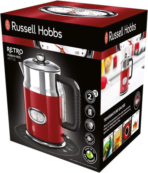 Russell Hobbs Bollitore Elettrico - 1,7 L, 2400 W - Acciaio Inox Color Rosso Lucido; Ebollizione Rapida; Display Temperatura Dell'Acqua, Indicatore Livello Dell'Acqua, Bollitore Retro 21670-70
